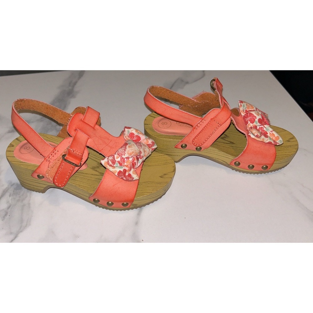 Genuine Kids OshKosh Girls Coral Orange Floral Bow Platform Sandals Sz 8 Toddler
